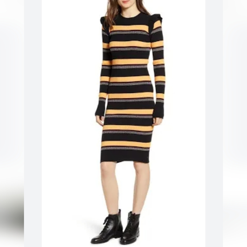 Scotch & Soda Orange Black Ruffle Long Sleeve Ribbed Knit Crewneck Midi Dress